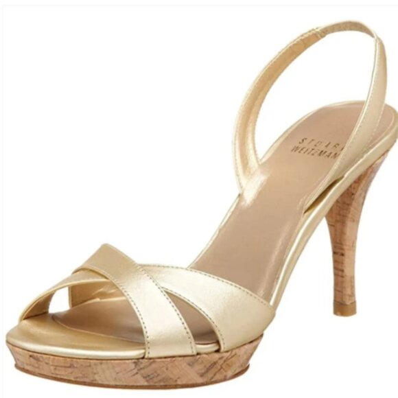 Stuart Weitzman Glorious Cava Gold Nappa Leather Sandals Heels 6.5M Like New - Picture 1 of 11